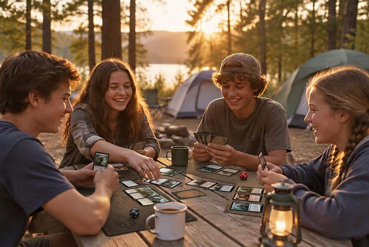 Teenage friends laughing while playing Magic at a campsite picnic table