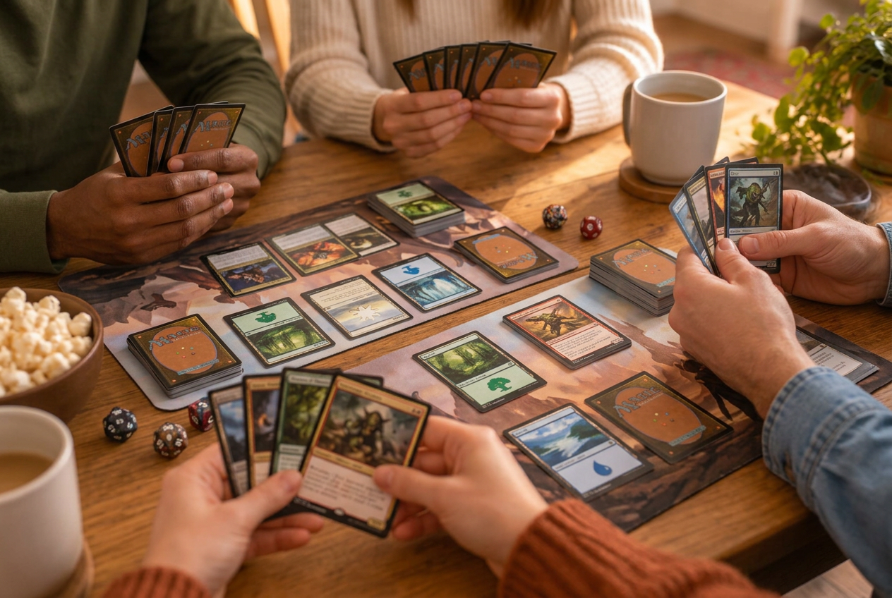 Friends playing a casual game of Magic around a wooden table